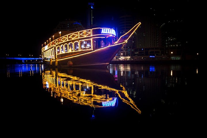 Experience a unique evening dining on a beautifully illuminated dhow gliding through Dubai Marina's stunning waters complemented by live entertainment and delicious buffet offerings.